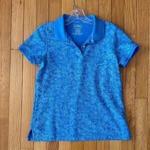 LL Bean Blue Polo Women's Shirt Collar & Aqua Flower Print  Size Small